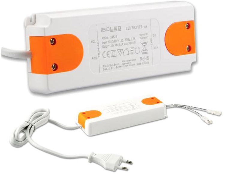 ISOLED LED Trafo MiniAMP 24V/DC, 0-50W, 120cm Kabel mit Flachstecker, sekundär 2 female Buchsen